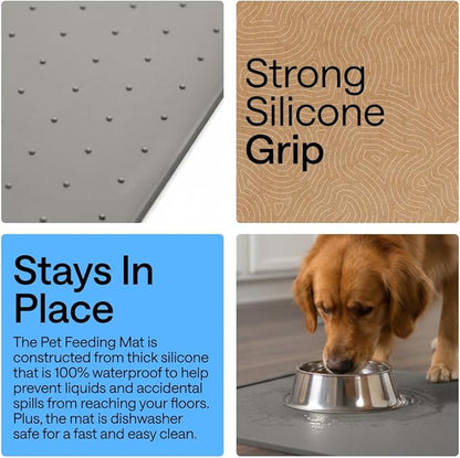 GORILLA GRIP 100% Waterproof Raised Edge BPA Free Silicone Pet Feeding Mat, Dog Cat Food Mats Contain Spills Protects Floors, Placemats for Cats and Dogs Water Bowl, Pets Accessories 18.5x11.5 Gray
