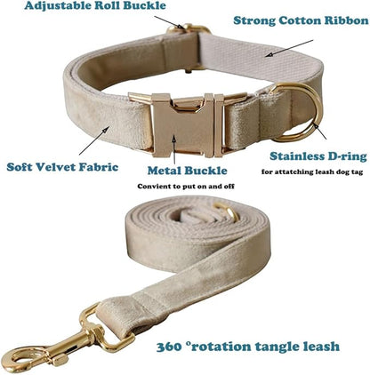 Love Dream Velvet Dog Collar and Leash Set, Soft & Comfy Adjustable Dog Leash and Collar with Heavy Duty Metal Buckle for Small Medium Large Dogs Training & Walking (XLarge, Skin Color)