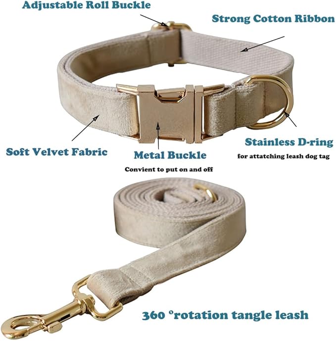 Love Dream Velvet Dog Collar and Leash Set, Soft & Comfy Adjustable Dog Leash and Collar with Heavy Duty Metal Buckle for Small Medium Large Dogs Training & Walking (Large, Skin Color)