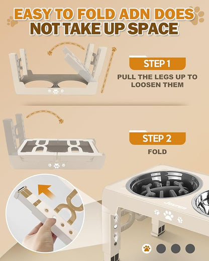 Jovrun Elevated Dog Bowls for Medium Large Size Dogs, Non-Slip Dog Feeder with 1*Stainless Steel Dishes & 1*Slow Feeder Bowl, 5 Heights Adjustable Raised Bowls to 3.15″-8.66″-9.84″-11.02″-12.2″
