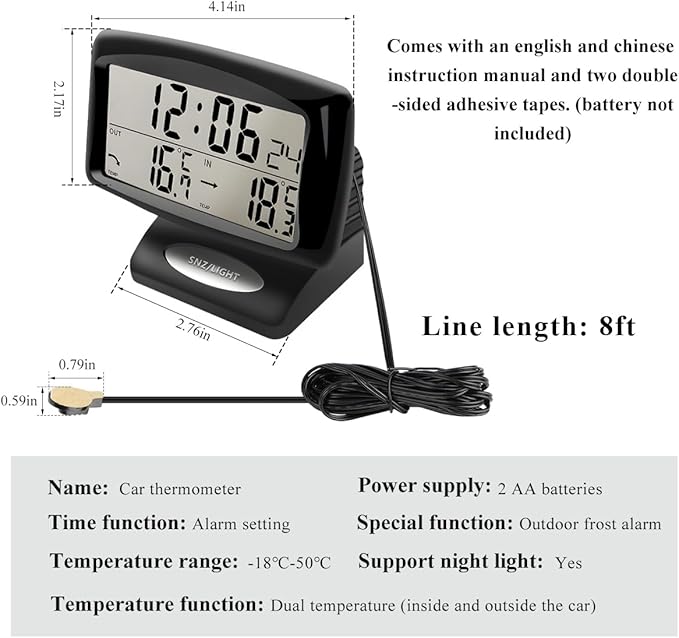 Car Digital Thermometer Clock, 2 in 1 Easy to Read Car Indoor Outdoor Thermometer with LCD Backlight, Vehicle Luminous Clock & Temperature Meter, Car Internal Accessories