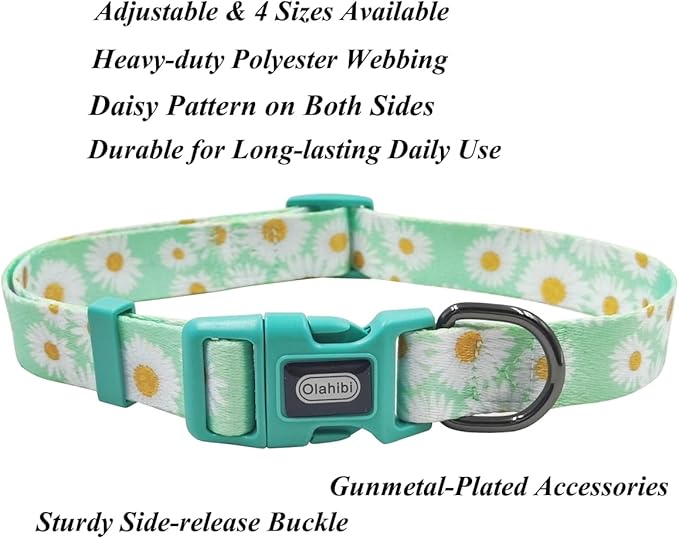 Dog Collar Leash Set, Floral Pattern, Polyester Material, Adjustable Collar and 5ft Matchcing Leash, for Small Dogs.(S, Light Green Daisy)