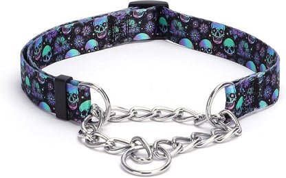 Martingale Dog Collar with Stainless Steel Chain - Limited Chain Cinch Training Collar for No Pull Training Dog - Flower Multicolor Cute Patterns - Premium No Slip Collar (S, Skull)