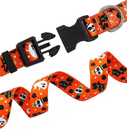 Mihqy Halloween Dog Collar and Leash Set - Pumpkin Bat Ghost Pattern - Adjustable for Small Medium Large Dogs(Halloween Set,M)