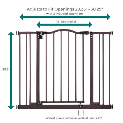 MyPet Windsor Arch Hold-Open & Auto-Close Pressure-Mount Pet Gate: Heavy-Duty Steel Gate 28.5in Tall Comes with Two 5in Extensions from 28in to 38in Wide in Matte Bronze