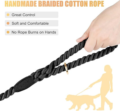Dog Leash 5 FT Handmade Braided Cotton Rope Leashes for Small Medium and Large Dogs, New Golden Heavy Duty Metal Clasp, Black