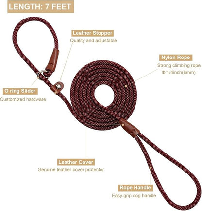 BTINESFUL 7FT Slip Lead Dog Leash, 1/4" Nylon Rope Dog Training Leash, No-Pull Leashes for Small Medium Dogs Walking Controlling