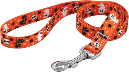 Mihqy Halloween Dog Collar and Leash Set - Pumpkin Bat Ghost Pattern - Adjustable for Small Medium Large Dogs(Halloween Set,L)