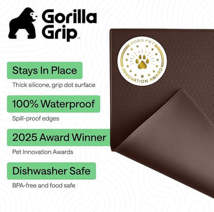 GORILLA GRIP 100% Waterproof Raised Edge BPA Free Silicone Pet Feeding Mat, Dog Cat Food Mats Contain Spills Protects Floors, Placemats for Cats and Dogs Water Bowl, Pets Accessories 18.5x11.5 Brown