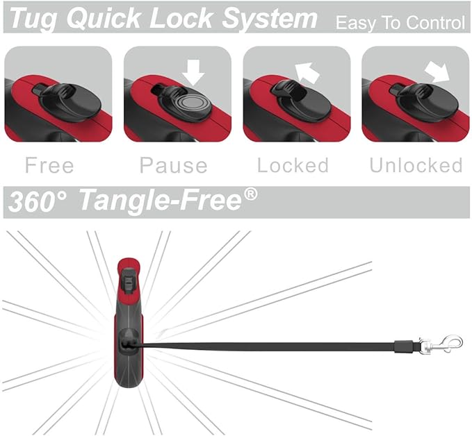TUG 360° Tangle-Free Retractable Dog Leash with Anti-Slip Handle | 16 ft Strong Nylon Tape | One-Handed Brake, Pause, Lock (Large, Red)
