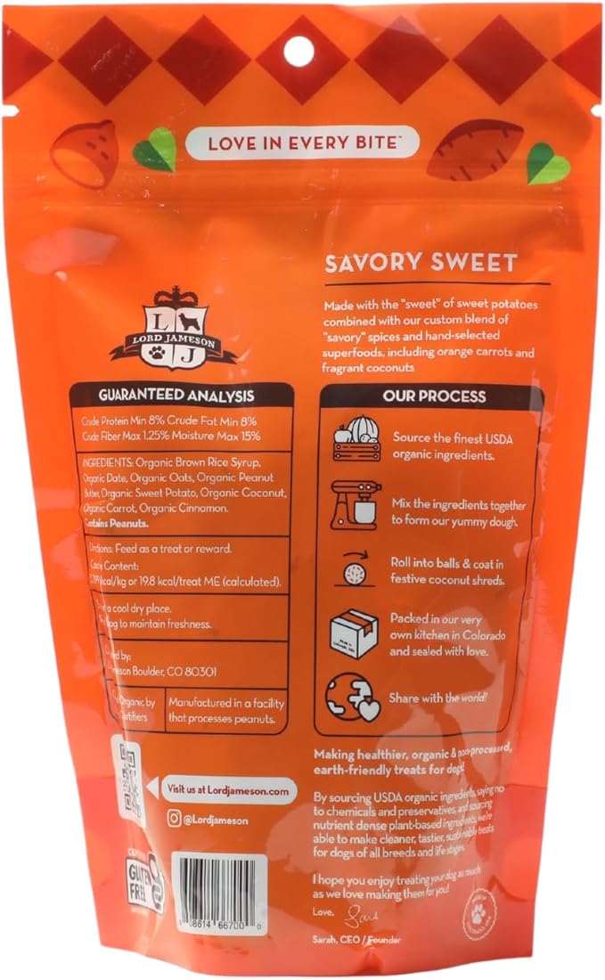 Lord Jameson Savory Sweet Soft & Chewy Organic Dog Treats - Carrot & Sweet Potatoes- Gluten-Free, Preservative-Free, USDA Certified Organic – For All Life Stages - Made in USA 6 oz