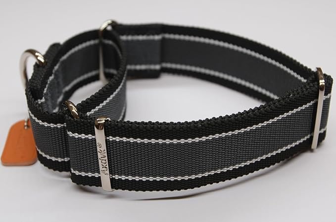 Martingale Collar 1.5 Inch Wide 1600D Extra Strong Anti Escape Nylon Dog Collar, No Pull Heavy Duty Pet Collars with 3-Color Stripe for Medium Dogs (M, Gray Blue & Black)