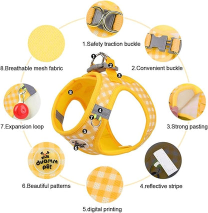 Soft Mesh Dog Harness and Leash Set, Step-in Escape Proof Vest Harnesses, Reflective Breathable Pet Harness Adjustable Plaid Pet Outdoor Harnesses for Medium Dogs, Yellow L