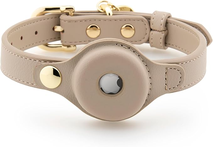 Cupertino Dog Collars, Harnesses & Leashes Made from Vegan Leather with Dog Tracker Device Holder Adjustable Dog Collar (Medium, Beige)