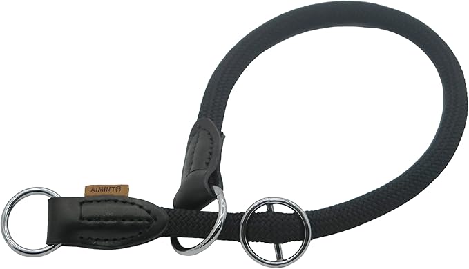 Braided Round Martingale Dog Collar, Training Collar with Slidable Stop Ring - Ideal for Large Dogs (L(1/2") - 22" Long, Black)