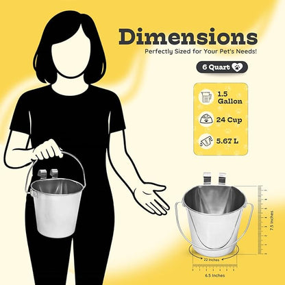 6 Quart Stainless Steel Flat Sided Bucket with Dual Hooks | 2 Pcs Food & Water Bowl for XL Dog Goat Cattle Horse & Livestock | Fits kennel Crate Cages Farm Hanging Pet Pail | Multipurpose