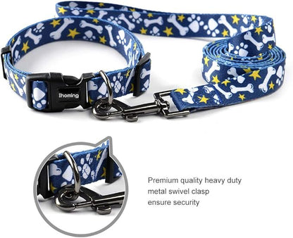 Ihoming Dog Collar and Leash Set for Daily Outdoor Walking Running Training, Bone Design for Medium Boys Girls Dogs Cats Pets, M-Up to 45LBS