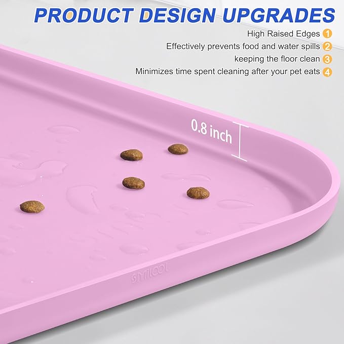 SMILOOL Silicone Pet Feeding Mat with Raised Edge for Food and Water, Dog Bowl Mats, Cat Bowls Placemat with High Lip for Floor Waterproof, Rubber Tray for Cats and Dogs 24 x 16 x0.8 Light Pink