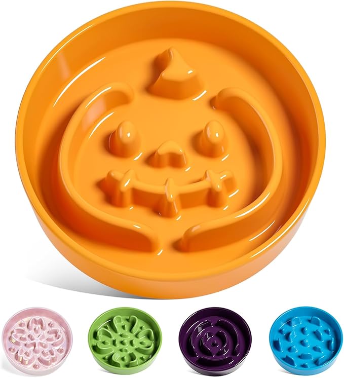 LE TAUCI Ceramic Puzzle Feeder Elevated 3 Cup with Wood Stand for Small Medium Dog & Puppy, Fast Eater Raised Dish Pumpkin Orange