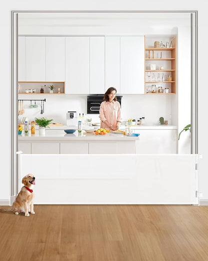 Retractable Baby Gate for Stairs – 33” Height, Expands up to 118” Width – Safety Gate for Infants, Toddlers, Dogs & Pets – Easy Install, Secure Closure, White Mesh Design for Indoor & Outdoor Use