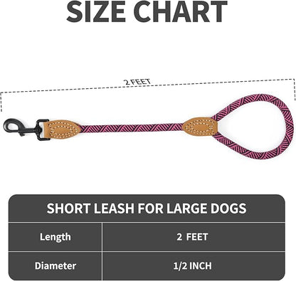 Mile High Life Short Leash for Large Dogs, Short Dog Rope Leash with Heavy Duty Metal Sturdy Clasp, Genuine Leather Tailored Connection(Hot Pink, 18 Inch)