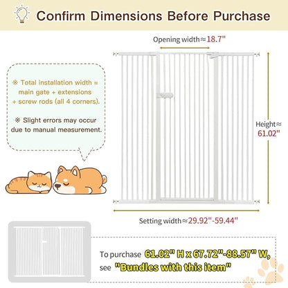 Lumizone Extra Tall Cat Gate 61.02" High Pressure Mounted Extra Wide 2025 New (17 Sizes) 1.37" Gap No Drilling Auto-Close One-Handed Operation Tall Pet Gate for Dogs(White, 61.02" H x 29.92"-59.44" W)