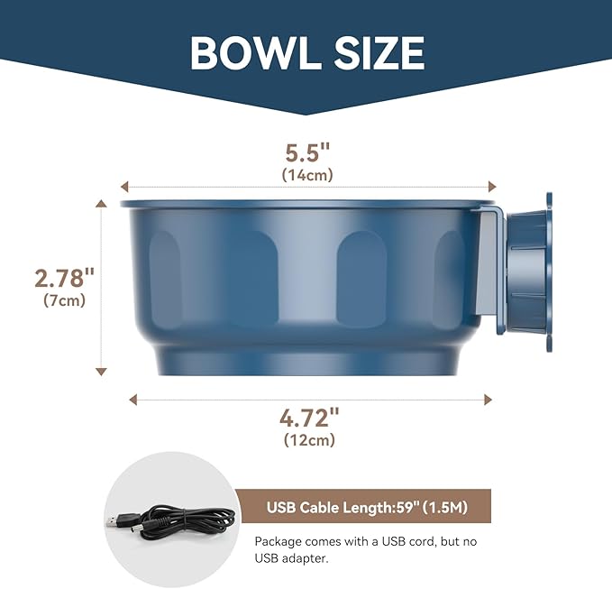 PETLESO Indoor Pet Small Heated Water Bowl, Cat Thermal Bowl in Winter, 600ML Hanging Heated Water Bowl for Rabbit Cage Dog Crate, Indoor USB Portable Warm Dish for Dogs Cats Rabbits Birds, Blue