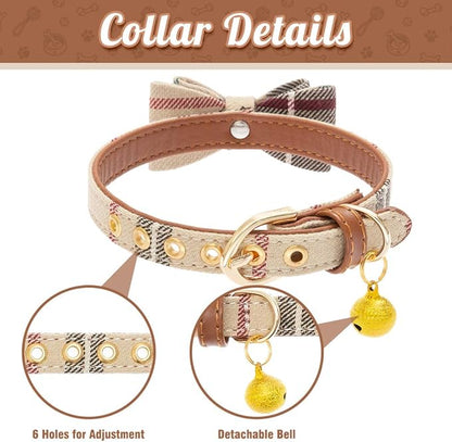 EXPAWLORER Dog Collar and Leash Set - Classic Plaid Dog Bow Tie and Dog Bandana Collar with Bell, Dog Leash Tangle Free, Adjustable Collars for Small Medium Large Dogs Cats, Holiday Ideal Gift, S