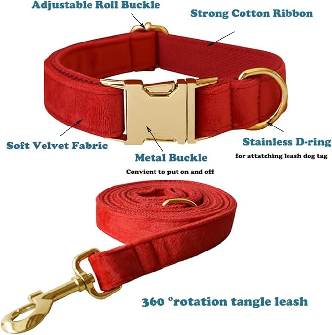 Love Dream Velvet Dog Collar and Leash Set, Soft & Comfy Adjustable Dog Leash and Collar with Heavy Duty Metal Buckle for Small Medium Large Dogs Training & Walking (Medium, Red)