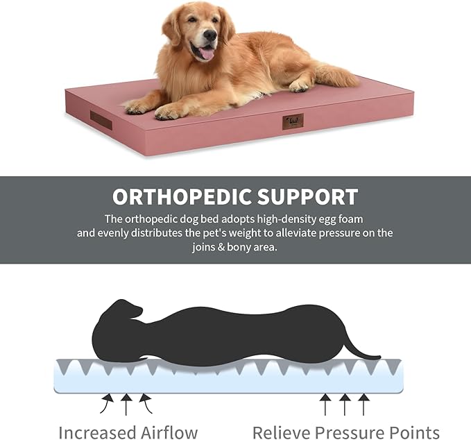 Outdoor Orthopedic Dog Bed, Waterproof Dog Bed for Large Dogs 36x27 Inch, Egg Crate Foam Pet Mat with Washable Removable Oxford Cooling Cover, Pink