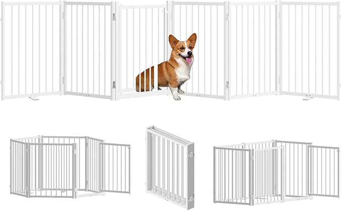 SNUOWU Full Metal Freestanding Dog Gate with Door, 24'' Height Foldable Pet Dog Fence for Indoor & Outdoor, 6 Panels Extra Wide Free Standing SmallDog Gates for Doorways,House,Stairs,Porch,Deck,Yard
