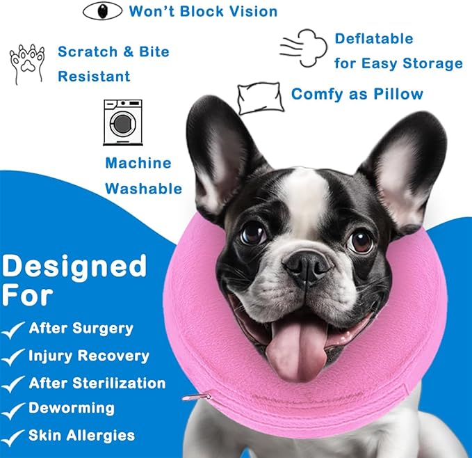 Inflatable Dog Cone Collar (M Size), Soft Blow-up Protective Recovery Collar, Cat Donut Cone, Comfy E-Collar After Surgery for Dog/Cats, Pink