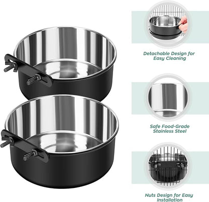 Crate Water Bowl No Spill, 2 Pack Dog Crate Bowls Hanging, Kennel Dog Water Food Bowls Mountable, Pet Cage Accessories Feeder Dish, Large Stainless Steel Coop Cup for Cat Puppy Bunny Guinea Pig Ferret