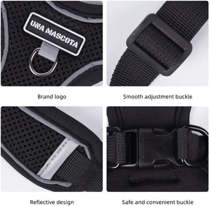 Dog Harness and Leash Set, Adjustable Triangle, Reflective Adjustable Puppy Vest, No Pull Soft Mesh Harness for Small, Medium Dogs, Cats (Black, XL)
