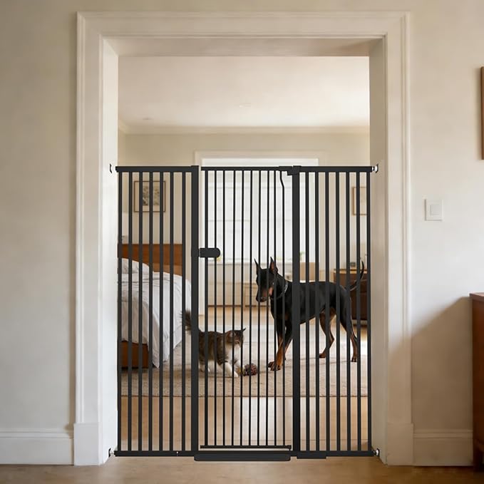 Lumizone Extra Tall Cat Gate 55.12" High Pressure Mounted Extra Wide 2025 New (17 Sizes) 1.37" Gap No Drilling Auto-Close One-Handed Operation Tall Pet Gate for Dogs(Black, 55.12" H x 29.92"-59.44" W)