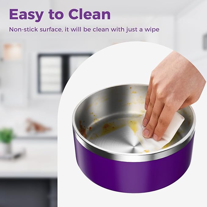 WENBOKMIN Dog Bowl, Stainless Steel Dog Food and Water Bowl with Non Slip Quiet Bottom, Easy to Clean, Dishwasher Safe, 64oz, Purple