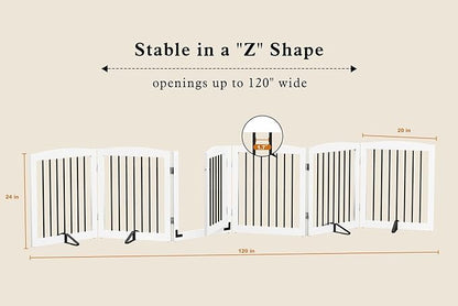 PUPETPO Freestanding Pet Gates with Walk Through Door, Dog Indoor Fence, Dog Gate for The House, Stairs, Extra Wide Pet Gate, Support Feet Included, 120 Inch Wide, 6 Panels 24" Tall, White & Black
