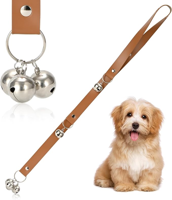Luckyiren Brown Leather Hanging Door Bells for Dogs to Ring to Go Potty Training Doorbells Tools to Go Outside Dog Accessories Upgraded Puppy Essentials for Home (Silver Jingle Bells)