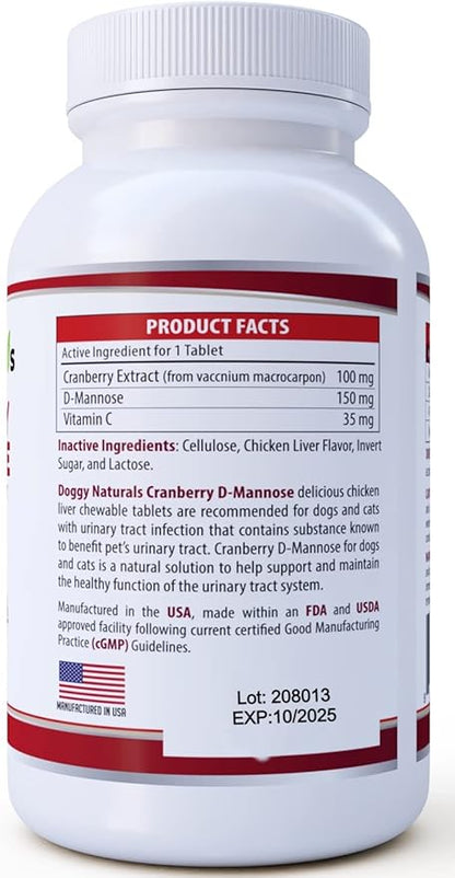 Cranberry D-Mannose for Dogs and Cats Urinary Tract Infection Support Prevents and Eliminates UTI, Bladder Infection Kidney Support, Antioxidant (Single Strength Tablet, 60 Count)