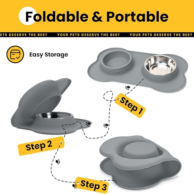 Conlun Medium Pet Feeding Station, 29oz Stainless Steel Dog Bowls Set, No Spill Food & Water Dishes with Non Slip Silicone Mat for Breeds Up to 55 Lbs, Grey