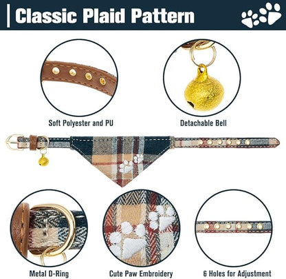 EXPAWLORER Dog Collar and Leash Set - Embroidery Pawprints Plaid Dog Collar and Dog Leash Set, Bow Tie and Bandana Dog Collar with Bell, Collar and Leash for Dogs Cats Outdoor Walking, Khaki S-M
