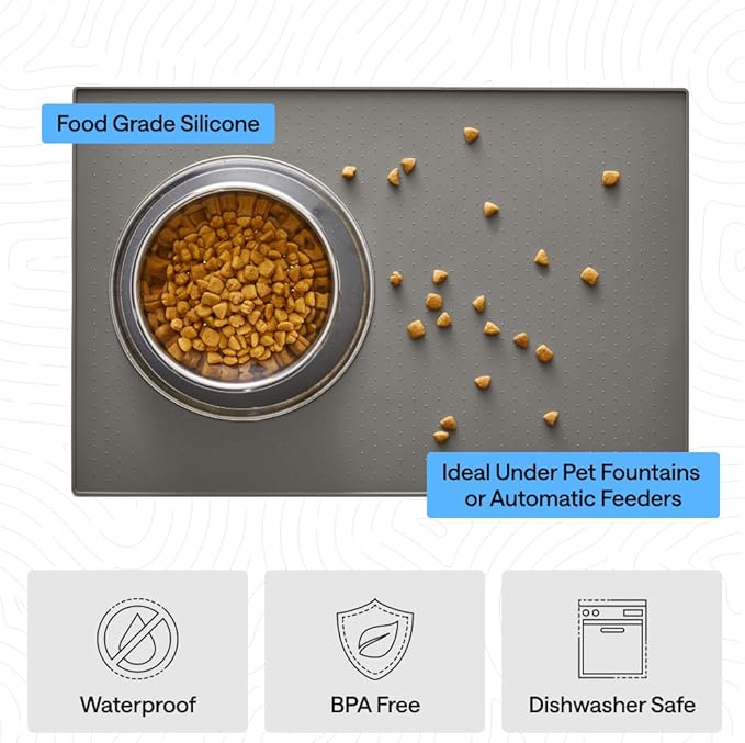 GORILLA GRIP 100% Waterproof Raised Edge BPA Free Silicone Pet Feeding Mat, Dog Cat Food Mats Contain Spills Protects Floors, Placemats for Cats and Dogs Water Bowl, Pets Accessories 18.5x11.5 Gray