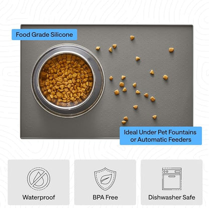 GORILLA GRIP 100% Waterproof Raised Edge BPA Free Silicone Pet Feeding Mat, Dog Cat Food Mats Contain Spills Protects Floors, Placemats for Cats and Dogs Water Bowl, Pets Accessories 18.5x11.5 Gray