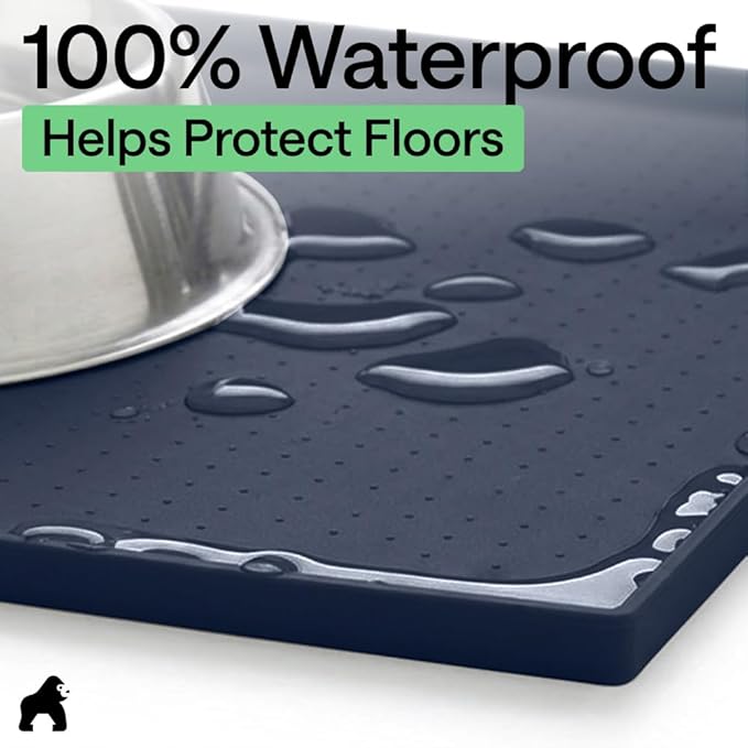 GORILLA GRIP 100% Waterproof Raised Edge BPA Free Silicone Pet Feeding Mat, Dog Cat Food Mats Contain Spills Protects Floors, Placemats for Cats and Dogs Water Bowl, Pets Accessories 16x10, Navy