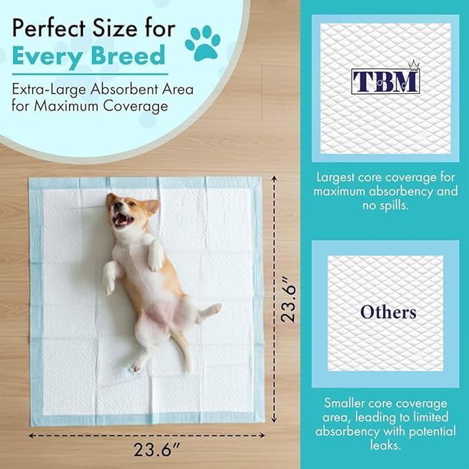 TBM Puppy Pads Pack of 2 (200 Count) - 23.6" x 23.6" - Super Absorbent Pee Pads for Dogs - Premium Leak-Proof - Pets Potty Training Essentials - Disposable Quick-Dry Pads for Puppies | Cats | Rabbits