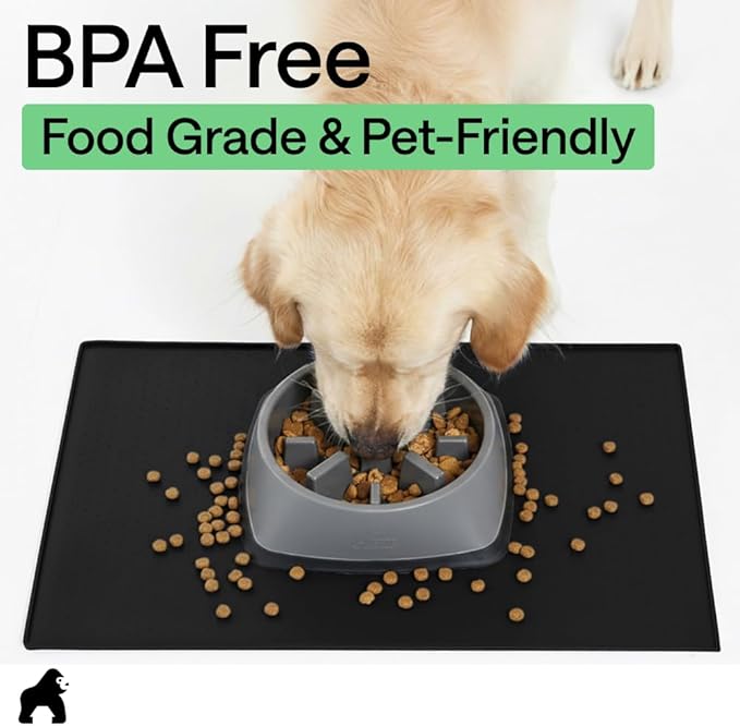 GORILLA GRIP 100% Waterproof Raised Edge BPA Free Silicone Pet Feeding Mat, Dog Cat Food Mats Contain Spills Protects Floors, Placemats for Cats and Dogs Water Bowl, Pets Accessories 18.5x11.5 Black