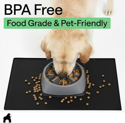 GORILLA GRIP 100% Waterproof Raised Edge BPA Free Silicone Pet Feeding Mat, Dog Cat Food Mats Contain Spills Protects Floors, Placemats for Cats and Dogs Water Bowl, Pets Accessories 18.5x11.5 Black