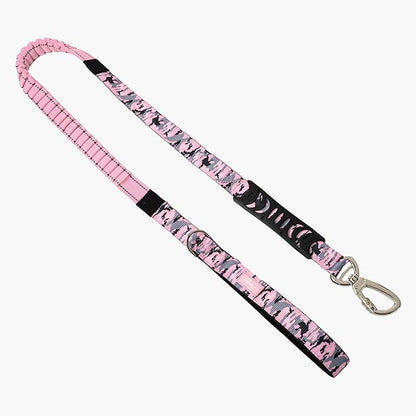 Dog Friendly Co. Bungee Dog Leash | Strain Free & Shock Resistant for Control | Neoprene Padded Handle, Heavy-Duty Carabiner Clip, and D-Ring | Pink Camo, Size Regular