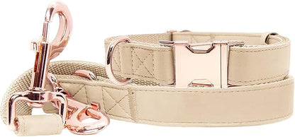 Soft Leather Dog Collar and Leash (6.6') Set - Stylish Rose Gold Heavy Duty Metal Buckle, 4 Adjustable Lengths Leash for Small Medium Large Dogs - Comfortable & Easy to Clean Beige XS(8"-12")