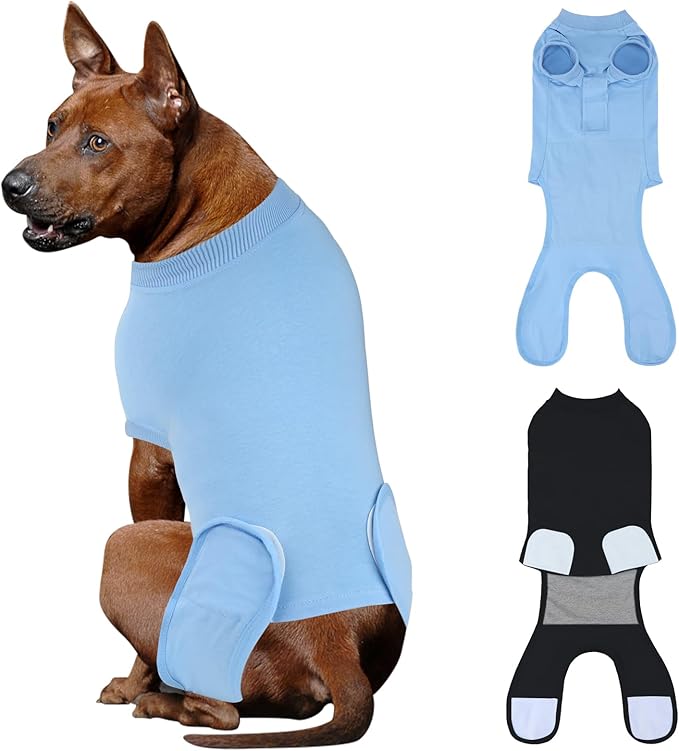 2 Packs Breathable Cotton Dog Recovery Suit for After Neuter Spay Abdominal Wounds Protector, Professional Anti-Licking Onesies for Male Female Pets Surgery Bandages, XL Black Blue Pure